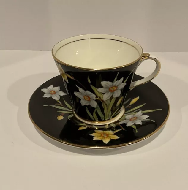 Vintage Aynsley Daffodils Black Teacup Cup Saucer Set Yellow White England Read
