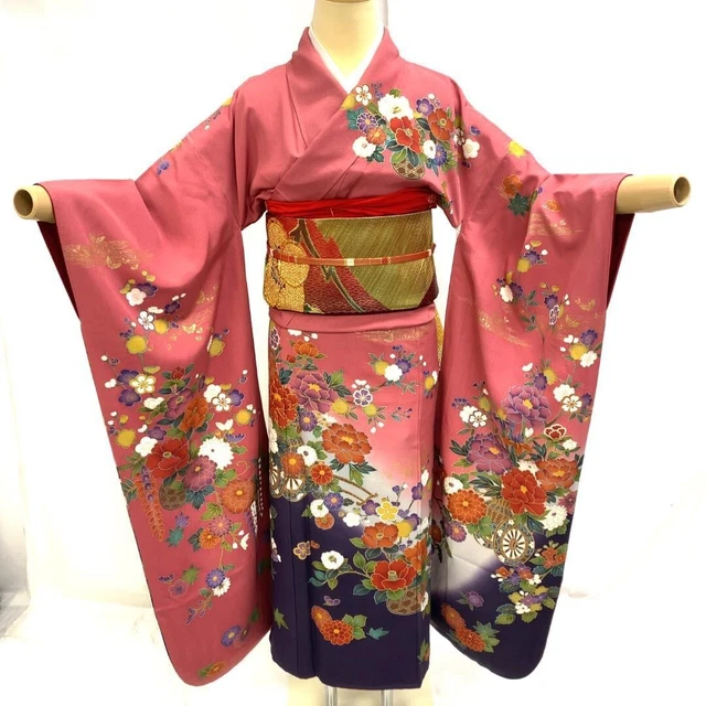 Kimono Furisode Woman Japanese Pure Silk Peony Chrysanthemum Cherry Blossom Pink