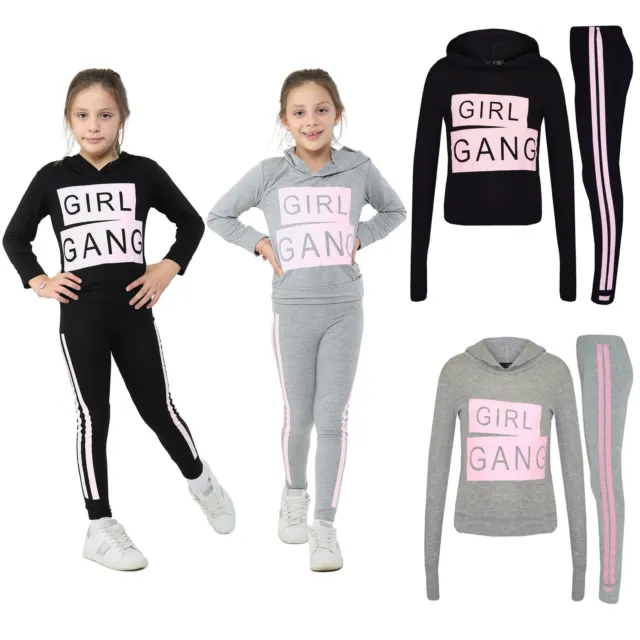 Girls Tops Kids Girl Gang Print Hooded Crop Top & Legging Loungewear Set 7-13 Yr