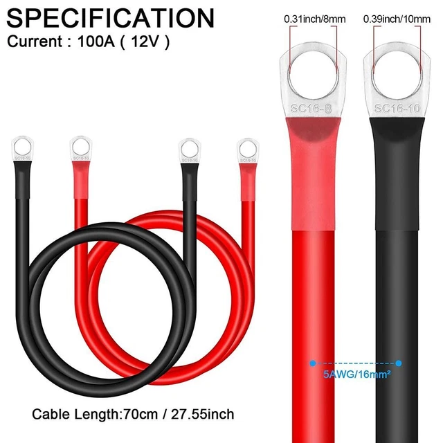 Cavi Batteria Auto 35mm&sup2; 2AWG - 100cm Con Morsetti M8, Per Auto, Moto, Caravan E Impianti Solari