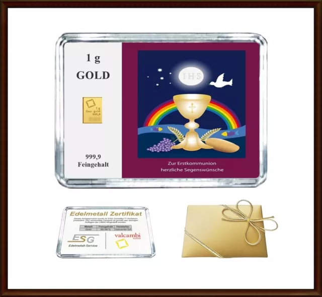 1g Gramm Gold Barren in Motiv Box "Zur Kommunion" als Geschenk Junge & Mädchen