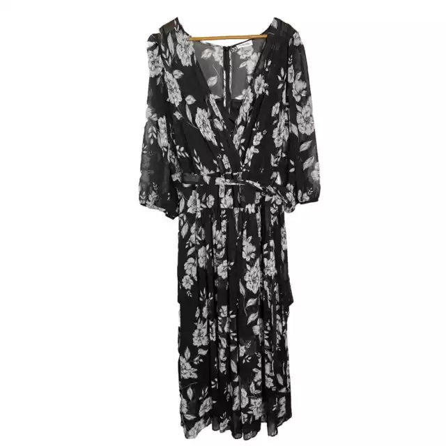 Calvin Klein Floral Faux Wrap Chiffon Midi Maxi Dress Black White 22W New