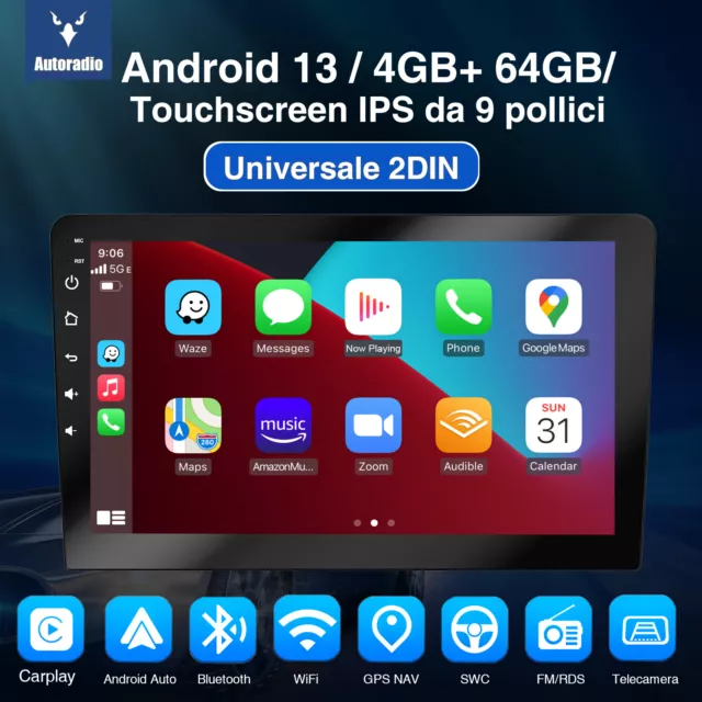 Autoradio 2 DIN 9 Pollici Carplay Android 13 4+64G RDS Bluetooth GPS WiFi FM CAM 2