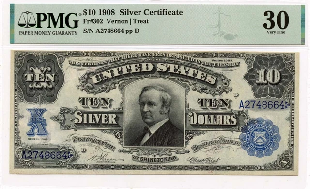 1908 $10 Silver Certificate Blue Seal Fr# 302 PMG VF30