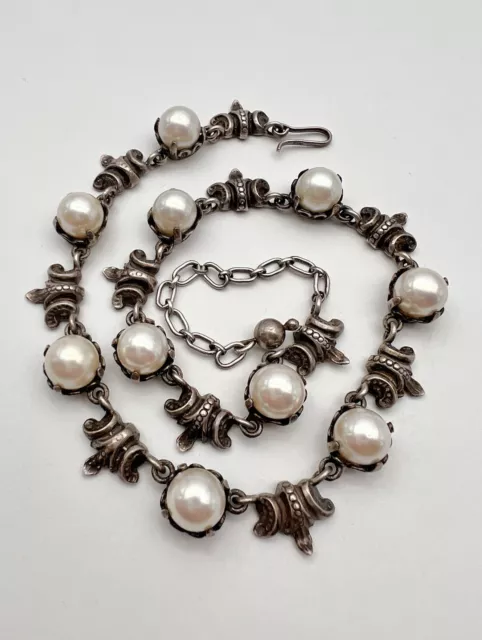 Vtg GUGLIELMO CINI Art Nouveau Sterling Silver Floral Pearl Link Necklace 49.5g
