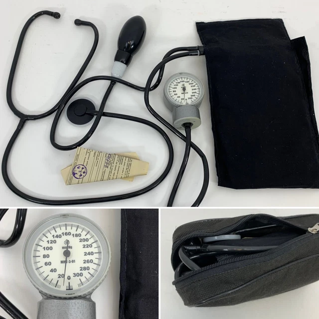 Vintage Sphygmomanometer Gauge Adult Blood Pressure Cuff, Stethoscope & Bag