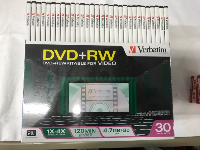 Verbatim DVD+RW Rewritable Video 1x-4x 120 min 4.7GB Lot of 30 NEW SEALED