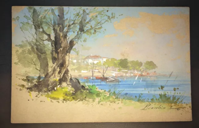 PETITE AQUARELLE SUR carte postale :  BEAULIEU SUR MER, DÉBUT XXéme.