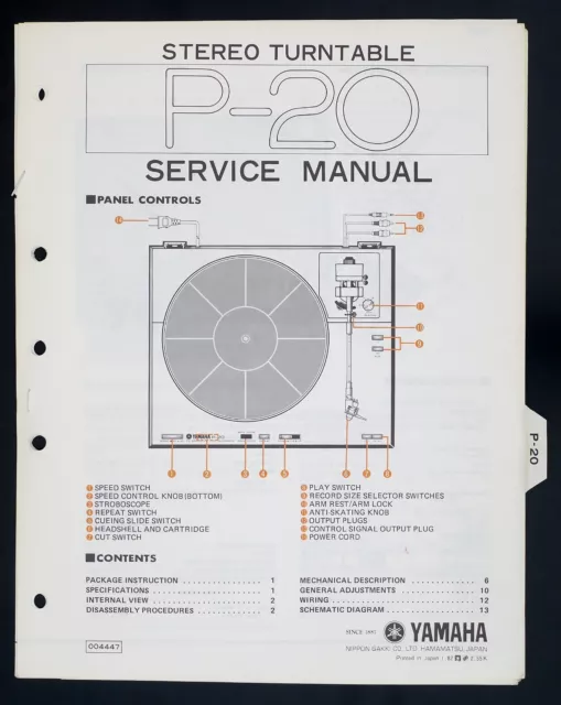 Original YAMAHA P-20 Stereo Turntable Service-Manual/Diagram/Parts List o140