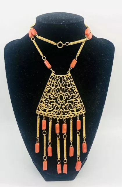 Long Lacy Filigree Satoir Necklace Faux Coral Beads & Dangles Vintage Jewelry