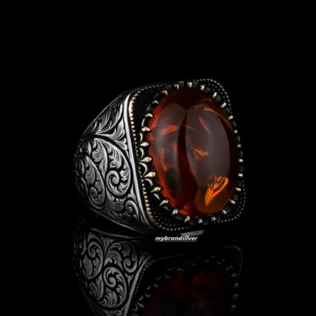 Turkish Handmade 925 Sterling Silver Jewelry Amber Stone Men's Ring All Size 2