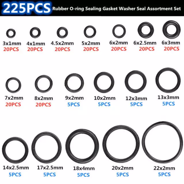 225 X Gummi O Ring Sortiment Satz Hydraulik Installation Dichtung Paintball Sets 3