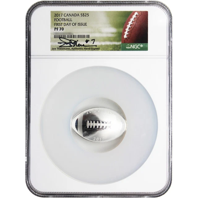 2017 $25 CAD Football Curved Proof 1oz Silver Coin PF70 FDI NGC Theisman Sig