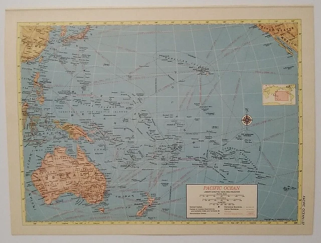 1956 ANTIQUE PACIFIC OCEAN Atlas Map Hammond's Family Reference World ...