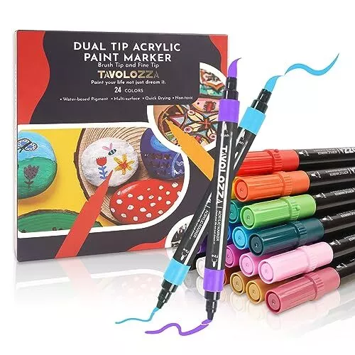 TAVOLOZZA 24 COLORS Acrylic Paint Pens Dual Tip Paint Markers with