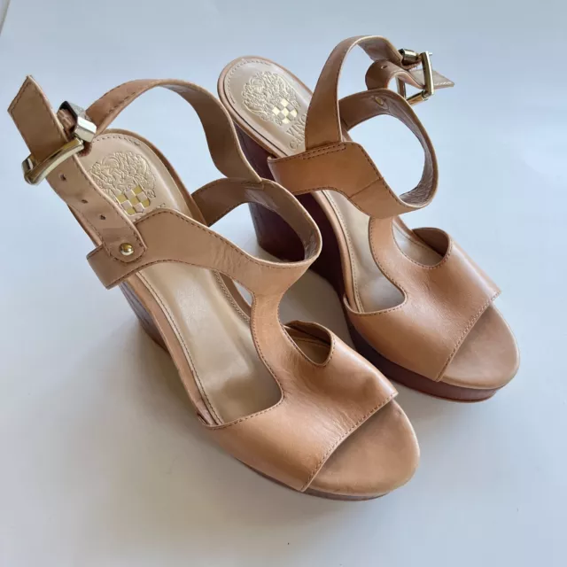 Vince Camuto Mathis Womens Size 8.5M Open Toe Leather Almond Toast Wedge Sandal 2