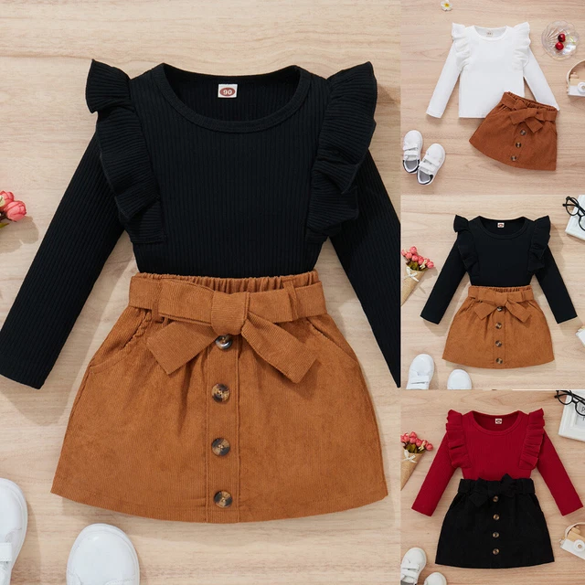 Toddler Kids Baby Girls Ruffle Ribbed Tops Skirt Set Party Outfits Clothes 2PCS