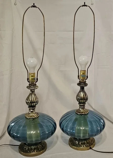 2 x Mid Century Modern Double Lighted Glass Blue Vintage Lamps