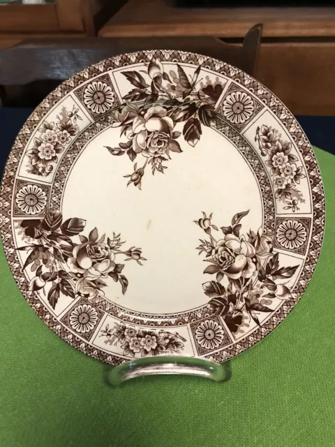 L S & S Garfield Ironstone Salad Plate 8" Brown Transferware Floral C 1885 Eng