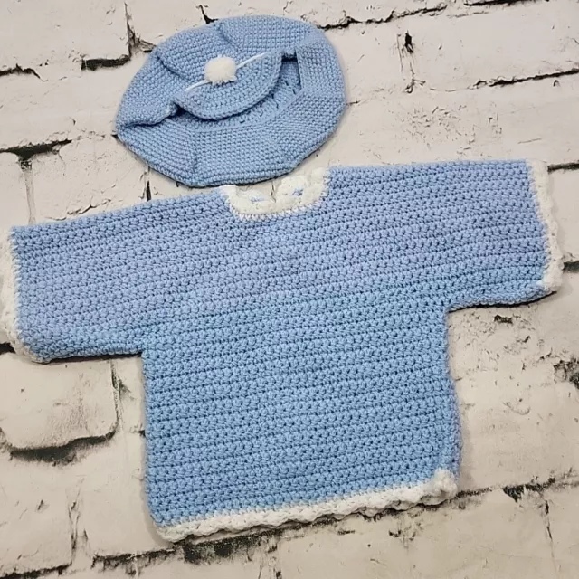 Vintage Handmade Baby Sweater With Matching Hat Blue Knit See Measurements