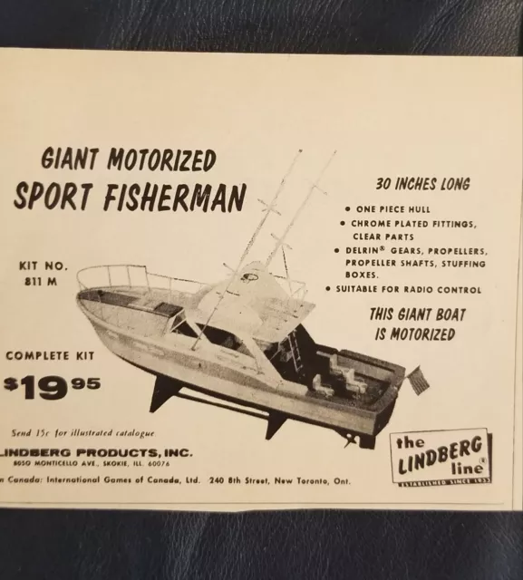 Vintage ad for a Lindberg model Sport Fisherman boat model. 1960s. Free shipping