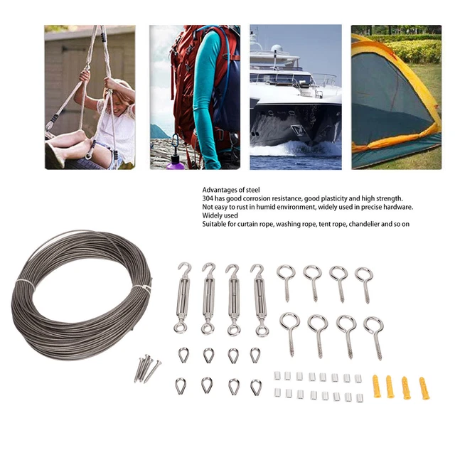 Kit De Fil De Câble En Acier Inoxydable 304 De 50 M Avec Vis à Anneau