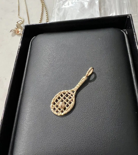 14k Yellow Gold White Tennis Necklace Pendant Charm Sport Racquet Fine Jewelry2G