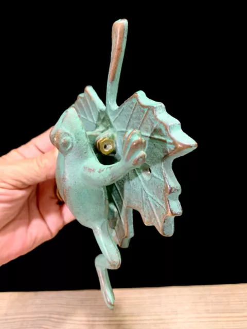 Door Knocker Frog on Maple Leaf Brass look Verdigris Patina 5.5 inches tall 3