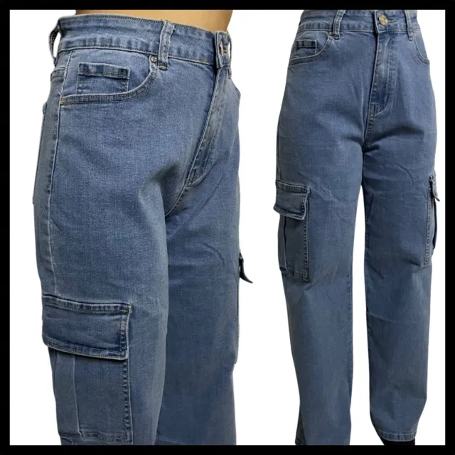 Jeans da donna cargo vita alta larghi sotto push up elasticizzati a palazzo 42 S