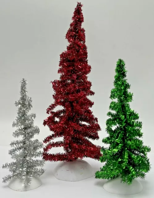 3 Vintage Dept 56 Christmas Village Trees Metallic Tinsel Red Green Silver