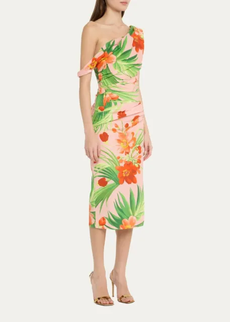 New $1890 CAROLINA HERRERA Floral-Print Ruched Bodice Off-Shoulder Midi Dress 12