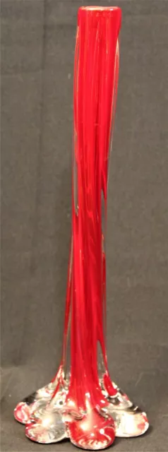 Art Glass Red Swirled Elephant Foot Bud Vase Hand Blown