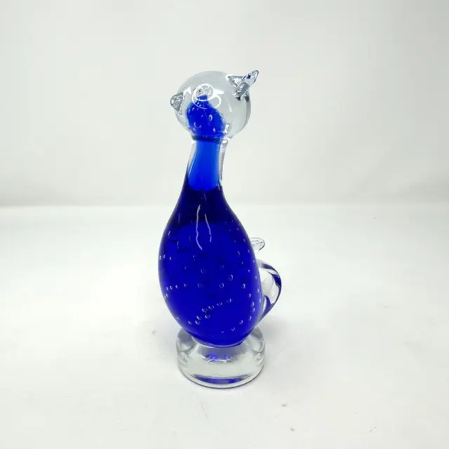Cobalt Blue Cat Bubble Blown Art Glass Paperweight Figurine