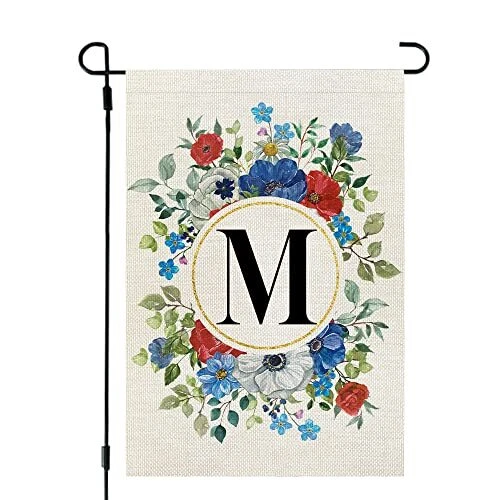 4th of July Monogram Letter M Patriotic Garden Flag Floral 12x18 Inch Double