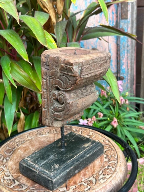 Old Ancient Wooden Hand Carved Floral Carved Base Stand Bracket Candle Stand
