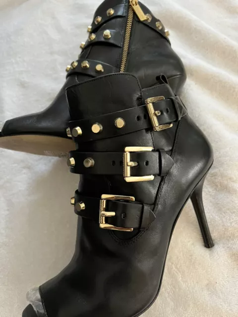 Michael Kors Bryn Open-Toe Studded Ankle Bootie In Black Leather Gold Stud 9.5