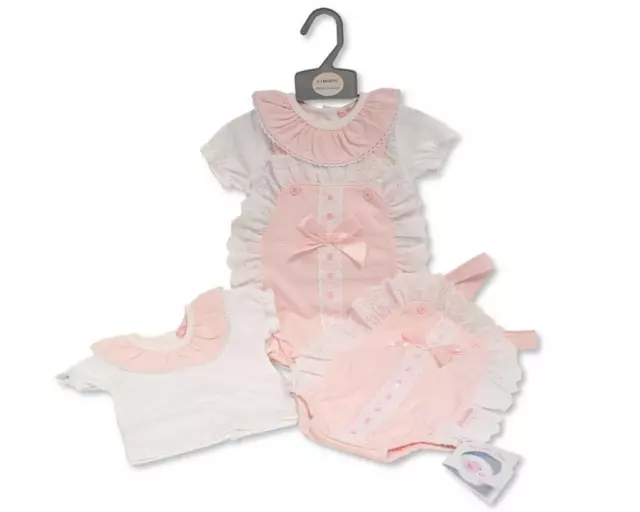 Baby Girl Dungaree Romper Set ~ Pointelle Bow & Frilly Lace Ribbon Pink Gift Set