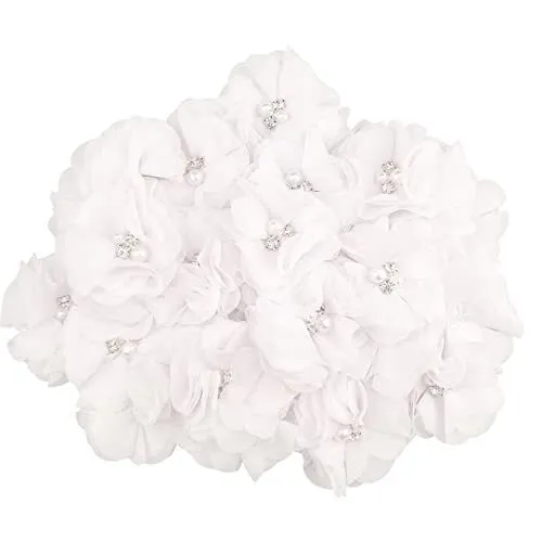 30 PCS Rhinestone Pearl White Chiffon Flower Sewing Fabric Appliques for Clot...
