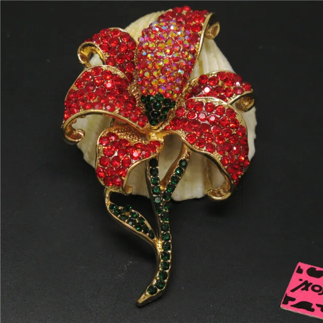 New Red Bling Flower AB Rhinestone Crystal Fashion Women Charm Brooch Pin Gift