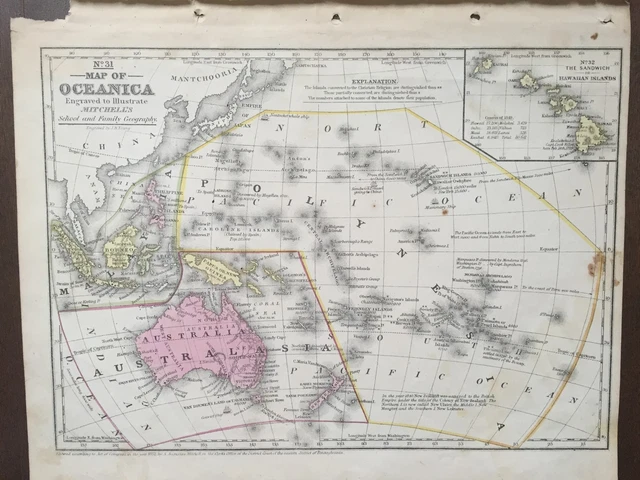 Hand-Colored Map of Oceanica-Pacific Ocean (1855)-"Mitchell's School Atlas"