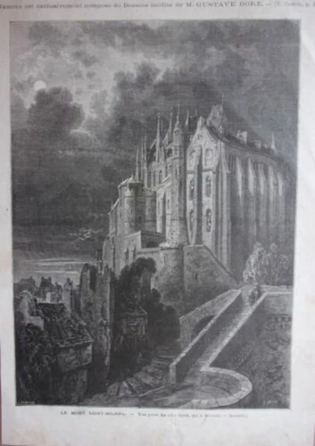 GRAVURE SUR BOIS 19ème LE MONT SAINT MICHEL VUE PRISE DE COTE NORD LA MERVEILLE