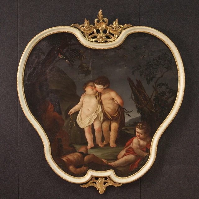 Querubines pintura antigua cuadro oleo sobre lienzo marco dorado siglo XVIII
