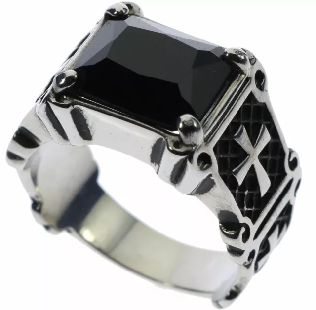 Knights Templar Cross 6 carat Black Onyx Stainless Steel Men's Ring Size 13 T38