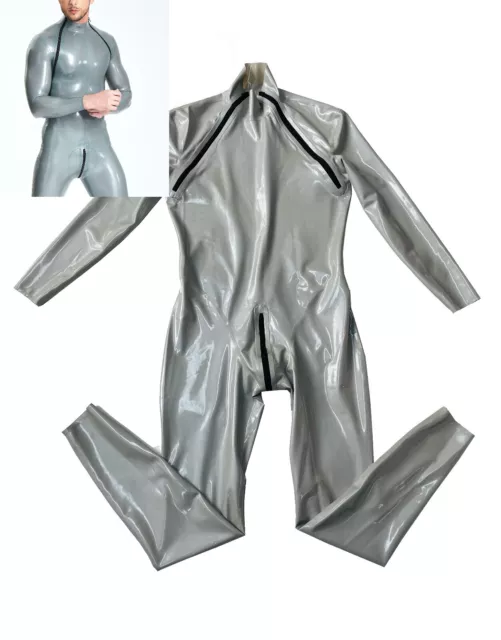 Sliver latex catsuit shoulder zip and two way crotch-zip 0.4mm custom made