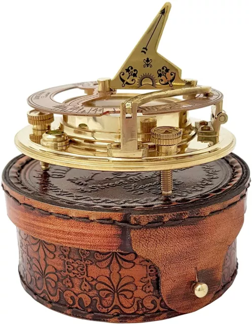 Antique Brass & Copper Sundial Compassin leather Box Gift for some one you love