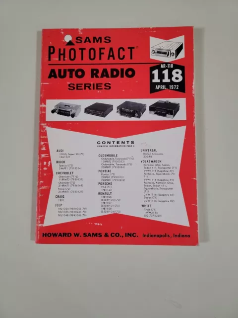 Vintage Sams Photofact Auto Radio Series Manual #Ar-118, April 1972, 128 Pages.