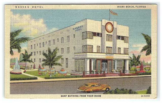 1936 Postcard Nassau Hotel Miami Beach Florida Surf Bathing From Room Art Deco