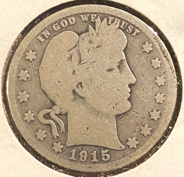 1915 D Barber 90% Silver Quarter Dollar - 25c