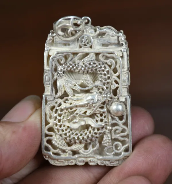 5.5CM Old China Miao Silver Feng Shui Dragon Play Bead Pendant Amulet Necklace