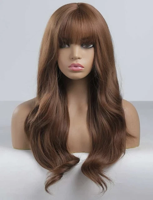 Perruque Synthétique Bouclée Brune Court Frange - Bonnet Moyen OFFERT +4